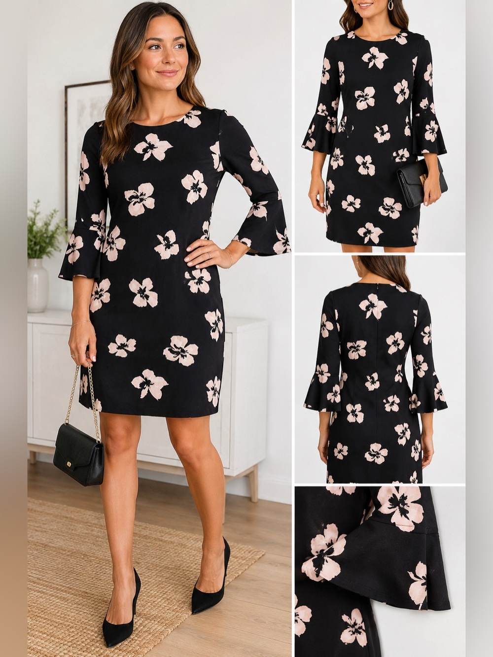 Tommy Hilfiger Floral Bell Sleeve Sheath Dress Women’s Size 2 Black Cream